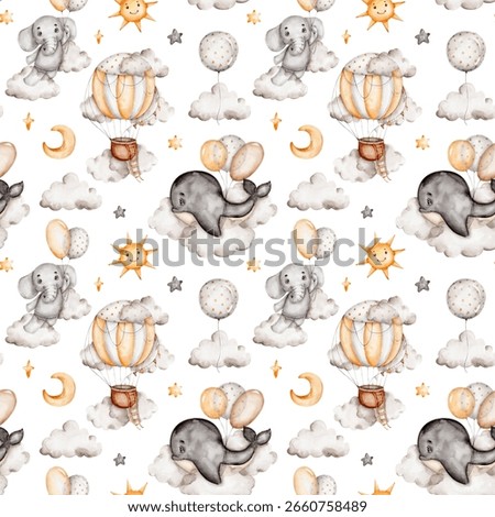 Seamless pattern with dream sky, elephant, whale and hot airballoon, clouds and stars; watercolor hand drawn illustration