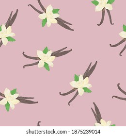 Seamless Pattern Of Dried Vanilla Sticks And Orchid Flower With Watercolour Style. Floral Bouquet Pattern With Small Flowers And Leaves, Elegant Template For Fashion Prints