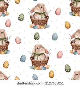 Seamless pattern with Easter bunny in the bucket, decorative eggs and willow branches.