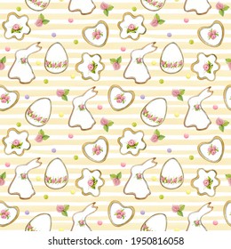 Seamless pattern. Easter cakes painted in watercolor. Beige stripes, rabbits, eggs, flowers, and other elements in the pattern.