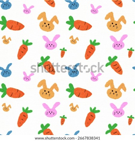 Seamless pattern, Easter cartoon pattern with cute bunnies and carrots on a white background. Crayon or colored pencil drawing style.