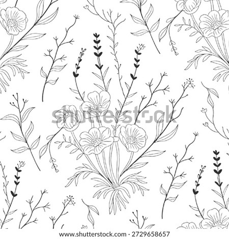 Seamless Pattern of Elegant Hand Drawn Wildflowers, Black and White Floral Line Art Illustration Isolated