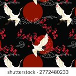 Seamless pattern of elegant white cranes flying among red cherry blossoms and rising suns on a dark charcoal background. Traditional oriental wildlife repeat print with stylized clouds for luxury textiles and Asian-inspired decor.