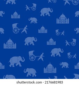 Patrón inmaculado de elefantes, mezquita, taj mahal e indio tirando de un rickshaw que se mezcla con el fondo azul real para decoraciones de prensa y de fondo Ilustración de stock