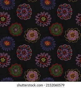 seamless pattern - embroidered craft flowers.Knitted hobby floral ornament.Vintage pattern for fabric with flowers, leaves, tulips, roses.Digital embroidery.Cottage core vintage textile.Ethnic folk