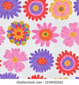 seamless pattern - embroidered craft flowers.Knitted hobby floral ornament.Vintage pattern for fabric with flowers, leaves,tulips, roses.Digital embroidery.Cottage core vintage textile.1970 embroidery