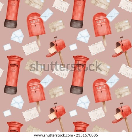 Seamless pattern with English red post box and letters. Watercolor endless background