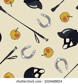 Seamless Pattern Equestrian Sport Whip Helmet Horseshoe Apple