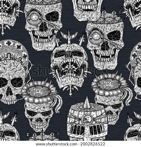 Seamless pattern with evil skulls on black backround.  Mystic background for Halloween, esoteric, gothic and occult concept