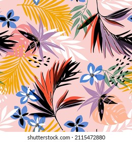 seamless pattern Exotic hawaiian tropical flowers and palm on pink background artwork for fabrics, souvenirs, packaging,