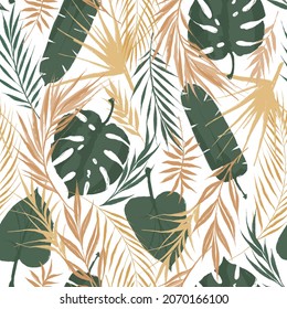 Seamless pattern of exotic palm trees. Green leaves on white background. Tropical Green summer jungle background. For summer beach swimwear, textile, wallpaper, wrapping paper, design texture.