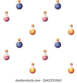 Seamless pattern, fabulous flasks with pink, yellow and blue liquids on a white background.