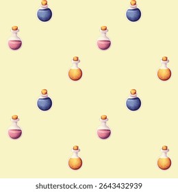 Seamless pattern, fabulous flasks with pink, yellow and blue liquids on a yellow background.
