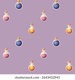 Seamless pattern, fabulous flasks with pink, yellow and blue liquids on a pink background.