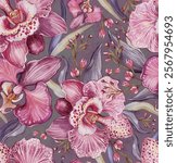 Seamless pattern of fabulous iris flowers. Romantic artwork illustration for textile, background and surface.