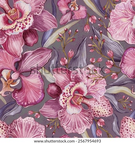 Seamless pattern of fabulous iris flowers. Romantic artwork illustration for textile, background and surface.