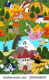 Seamless Pattern With A Fabulous Landscape. Mountain, Yeti, Houses, Witch, Castle, Dragon, Fairy, Kraken, Mushroom, Lake, Bridge, Mermaid, Trees, Sheep, Goats, Sailboat. 