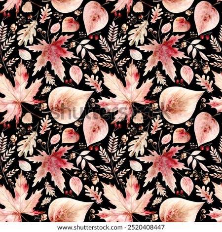 Seamless pattern of fall leaves on black background. Maple, rowan, linden leaves, berries and acorns. Watercolor illustration is hand drawn, suitable for decoration of holidays textiles and cards.