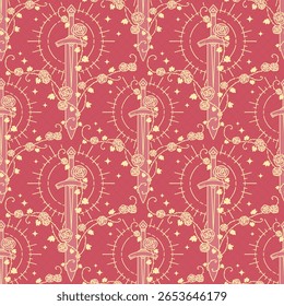 Seamless pattern with fantasy theme, sword and rose, shining light of the knight of beauty.