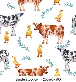 Seamless pattern with farm animals spotted cows, yellow ducklings and leaf sprigs watercolor and illustration hand drawing. Texture with rustic animals for weaving, textiles, wallpaper.