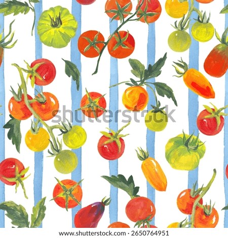 Seamless pattern with farm tomatoes of different varieties on a light blue striped background. Hand-painted in acrylic style, perfect for textiles, packaging, wallpaper, and summer-themed designs.