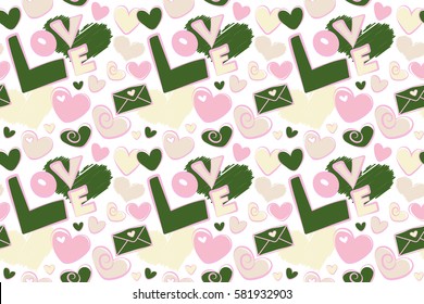 Seamless pattern with fashion patch badges with hearts, letter on a white background. Raster sketch with stickers, pins, patches in cartoon 80s-90s comic style in beige and green colors.