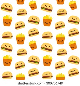 Seamless Pattern Of Fast Food: Burgers And French Fries With Cute Smiley Faces.