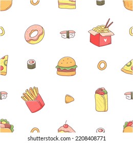 Seamless pattern and fast food in cute kawaii doodle style  Junk food background illustration