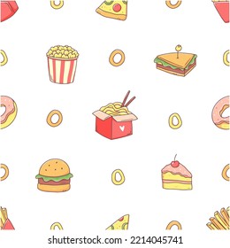 Seamless pattern and fast food in cute kawaii doodle style  Popcorn  sandwich  noodles  pizza  burger  cake  donut  French fries  background illustration junk food