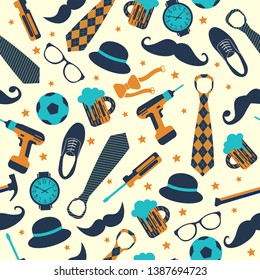 Seamless Pattern Of Fathers Day. Flat Set Icons On White Background.