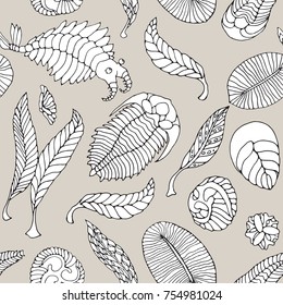 Seamless Pattern With Fauna Of Neoproterozoic And Paleozoic Era. Anomalocaris, Vendia, Dickinsonia, Charnita, Trilobita.