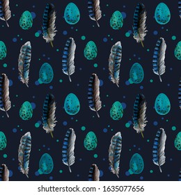 Seamless Pattern With Feathers And Blue Jay Eggs On A Dark Blue Background. Illustration Drawn By Acrylic Paints.