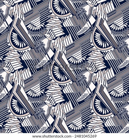 seamless pattern features a beautiful blend of geometric shapes and floral forms,  A fresh take on florals with geometric shapes on a crisp blue backdrop, A captivating repeat pattern where geometric 