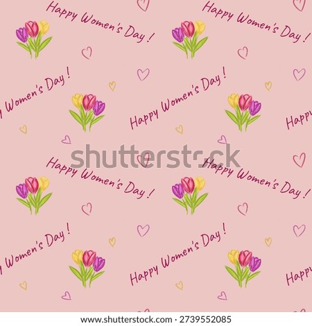 A seamless pattern features colorful tulips and the phrase Happy Women's Day surrounded by small hearts on a pink background. This design celebrates Women's Day with floral elements.