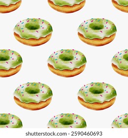 Seamless pattern features green glazed donuts with sprinkles on a white background, perfect for fabric or wallpaper use.