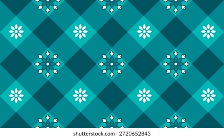 seamless pattern features a harmonious blend of classic textile structures and intricate ornamental motifs. The design is built upon a balanced gingham or harlequin grid,where large-scale diamond checks create a structured,architectural foundation 