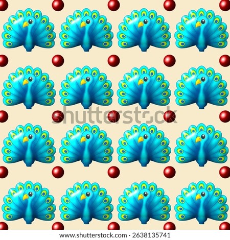 A seamless pattern features rows of cartoon blue peacocks with fanned tails, interspersed with glossy red spheres, all set against a light beige background.
