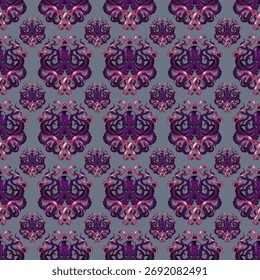 Seamless pattern featuring abstract octopus-inspired symmetrical shapes in purple and pink tones on a light gray background