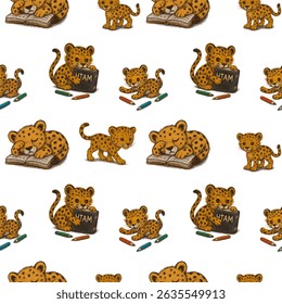A seamless pattern featuring adorable leopard cubs reading books, writing with colored pencils, and enjoying quiet study time.