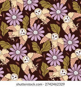 Seamless pattern featuring barn owls and purple flowers on a dark brown background with botanical leaves for textiles and wallpaper
