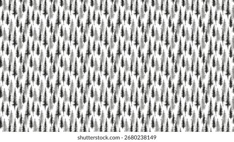 A seamless pattern featuring black and white pine trees, creating a woodland texture. Ideal for backgrounds, fabrics, and designs with a simple, elegant, and nature-inspired aesthetic.