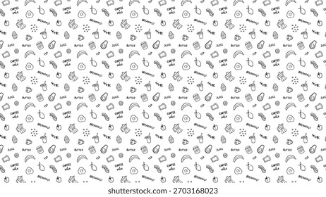 A seamless pattern featuring breakfast items like coffee, juice, eggs, and bacon in a hand drawn style.