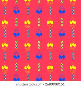 Seamless pattern featuring a bright red background adorned with alternating blue and yellow motifs