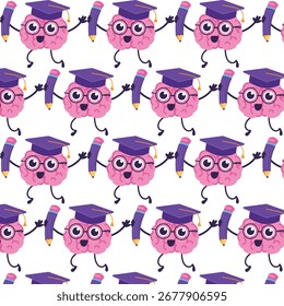 A seamless pattern featuring a cartoon brain wearing a graduation cap and glasses, holding a pencil. The design humorously portrays a smart brain that is ready for learning and academic achievement.