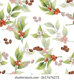 Seamless pattern featuring coffee beans, leaves, and berries on white background. Ideal for fabric, wallpaper, or packaging.
