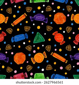 Seamless pattern featuring colorful chocolates. Fun, playful design perfect for textiles, packaging, wrapping, stationary, and festive decor.