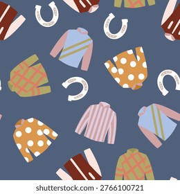 Seamless pattern featuring colorful hand drawn jockey silks and white horseshoes on a navy blue background for equestrian sports and horse racing enthusiasts
