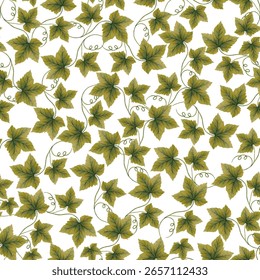 Seamless pattern featuring curling green pumpkin vines with leaves and tendrils. Created in a delicate watercolor illustration style, ideal for autumn, harvest, or gardening-themed designs