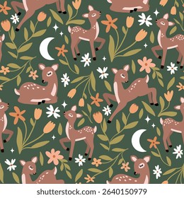 Seamless pattern featuring cute baby deer among forest flowers leaves stars and moons in a warm woodland color palette perfect for nursery fabric and kids clothing