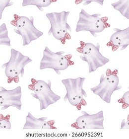 Seamless pattern featuring a cute ghost with a bow on a white background. Painted in a soft watercolor style, perfect for Halloween designs, baby products and seasonal decorations.